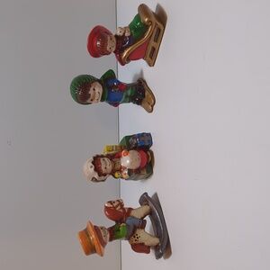 4 pc ceramic figures Karol Miller skier sleigh rocking horse boy girl winter